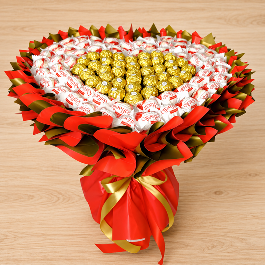 Goldenes Pralinenherz XL – Geschenkstrauß mit Ferrero Rocher & Raffaello
