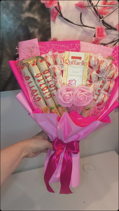 Edible bouquet "Pink Giotto" - Exclusive gift with Raffaello, Giotto &amp; artistic roses