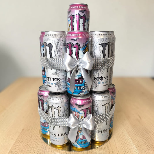 Energy Drink Tower mit Monster Ultra White und Viking Berry Geschenk Set – Energie Drink Geschenk Idee für Männer Geburtstag Party Überraschung