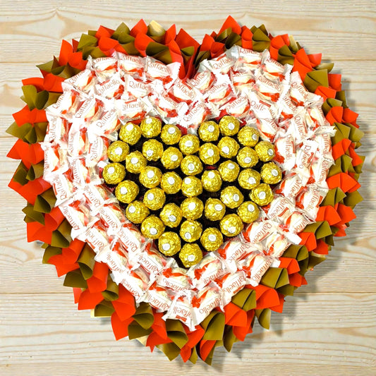 Raffaello & Ferrero Rocher Herz Strauß Deluxe XL – Luxuriöser Schokoladenstrauß in Herzform