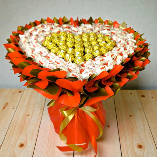 Raffaello & Ferrero Rocher Herz Strauß Deluxe XL – Luxuriöser Schokoladenstrauß in Herzform