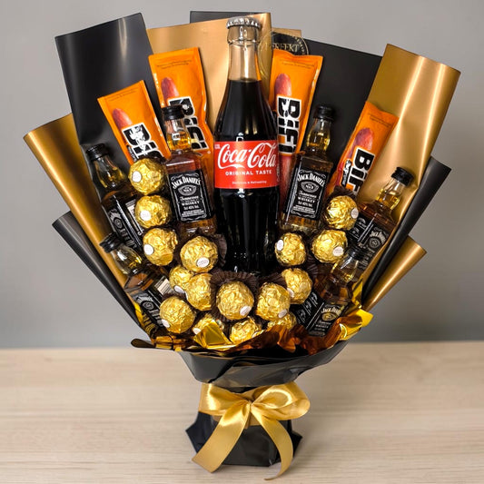 Edible bouquet "Jack Daniel's &amp; Coca-Cola" - Exclusive gift set with BIFI, Ferrero Rocher &amp; Whisky