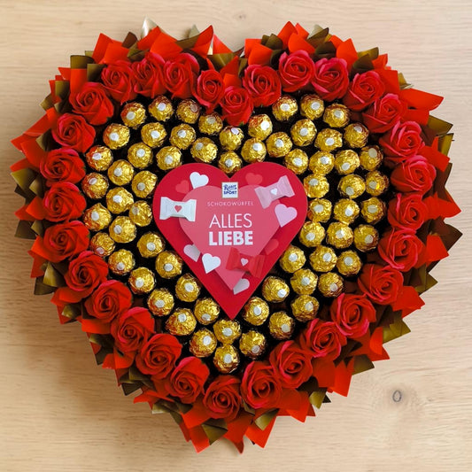 Ferrero Rocher Herz Strauss mit roten Seifenrosen Geschenkbox