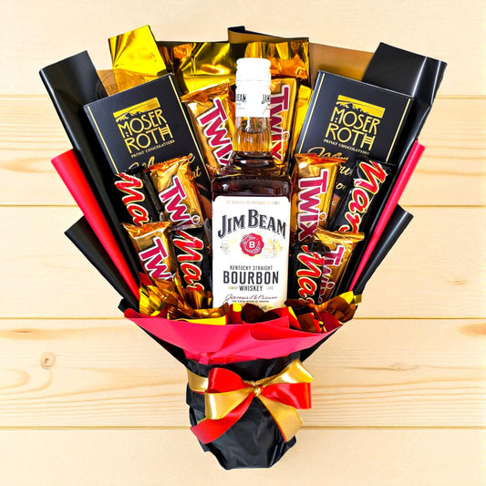 Bourbon Geschenkstrauss „Jim Beam & Schokolade“ – 0,7 l + Twix, Mars & Moser Roth