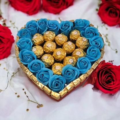 Candy heart cake with Merci chocolate, Ferrero pralines &amp; soap roses – Romantic gift idea